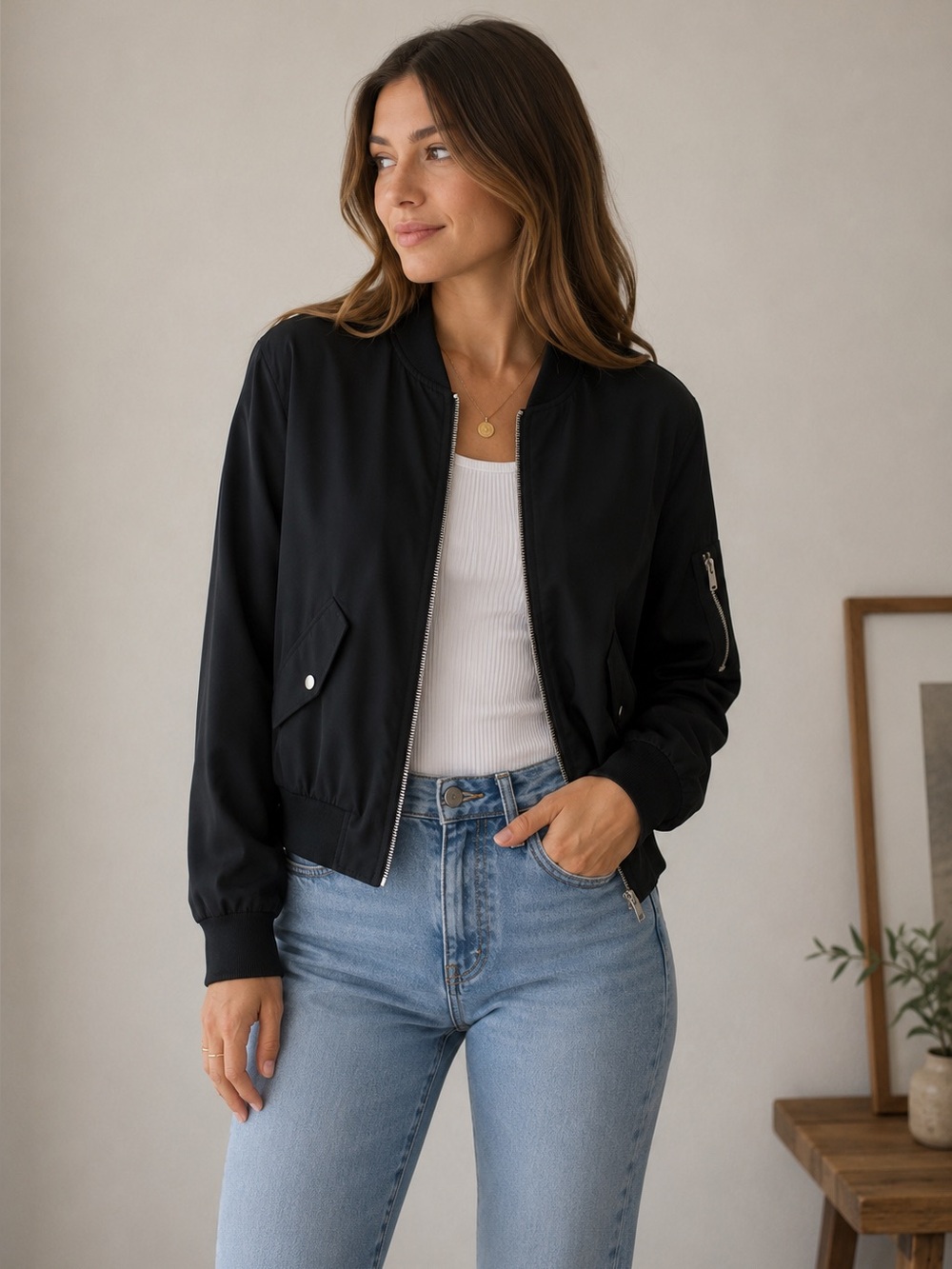 Zara Black Lightweight Bomber Jacket Zip Front Minimalist Streetwear Women’s M